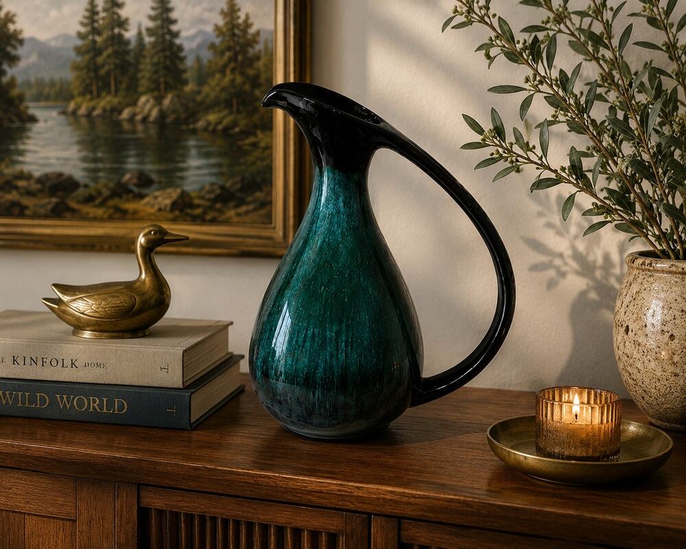 Vintage Blue Mountain Pottery Canada Green Drip Glaze Ewer Vase MCM 12.5"